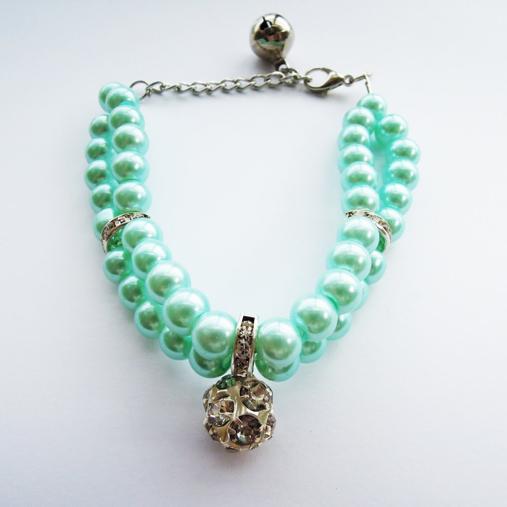 Luxury 2 Row Pearls Rhinestones Pet Cat Dog Necklace Collar Jewelry with Bling Crystal Ball Charm Pendant for Pets Cats Small Dogs Female Puppy Chihuahua Yorkie Girls Costume Outfits