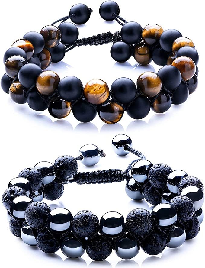 Black Obsidian Hematite Triple Protection Bracelet 10MM beads Set, Blue Tiger Eye Beads Bracelets, Lava Stone bracelets for Men Women
