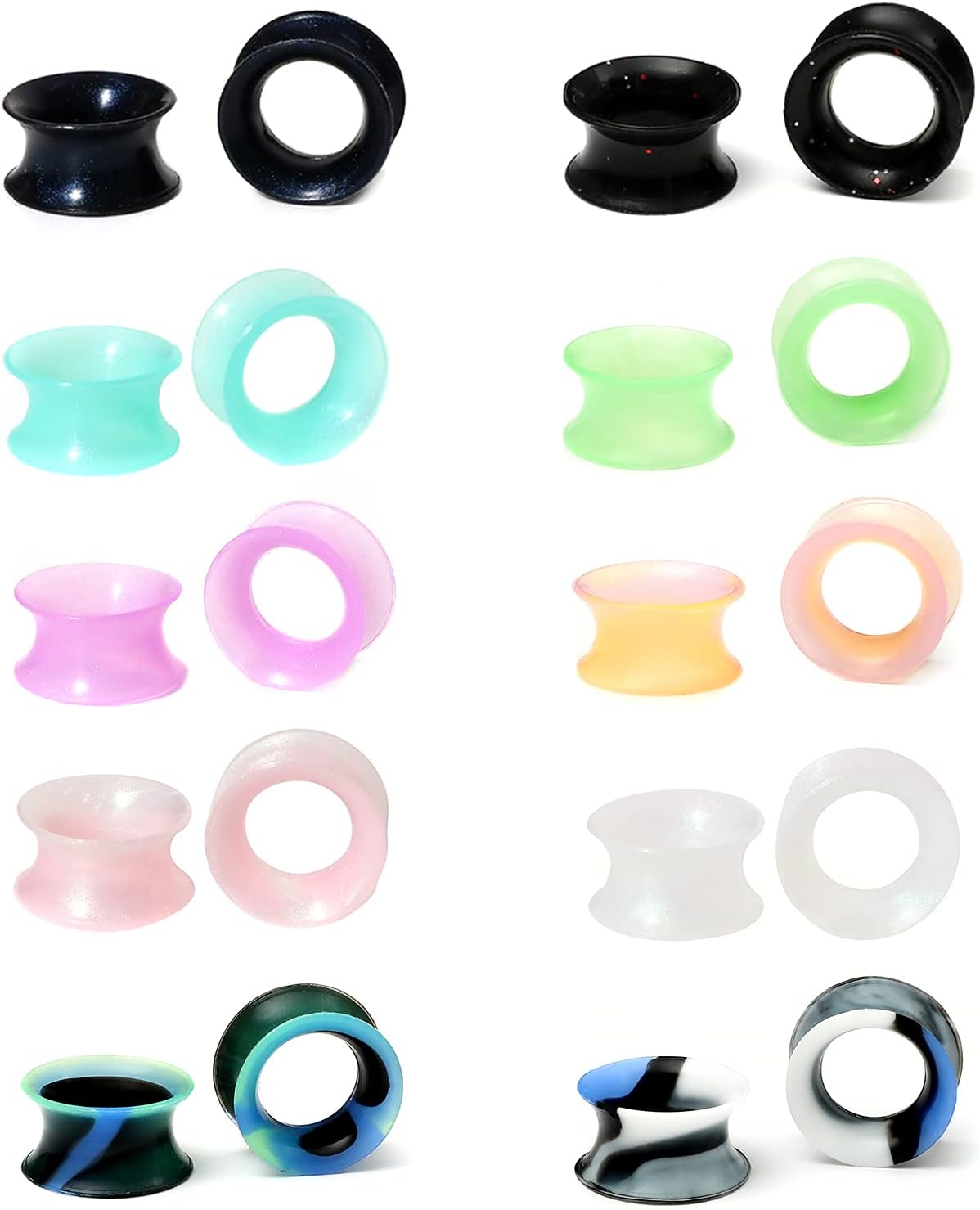 WBRWP 48/32/24/22/20/16/12pcs Ear Tunnels and Plugs - Double Flared Hollow Hard/Soft Silicone Ear Gauges - Ear Expander Stretcher Body Piercing Jewelry 8g-1"