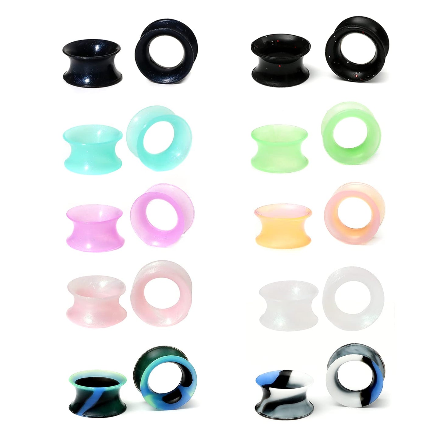 WBRWP 48/32/24/22/20/16/12pcs Ear Tunnels and Plugs - Double Flared Hollow Hard/Soft Silicone Ear Gauges - Ear Expander Stretcher Body Piercing Jewelry 8g-1"