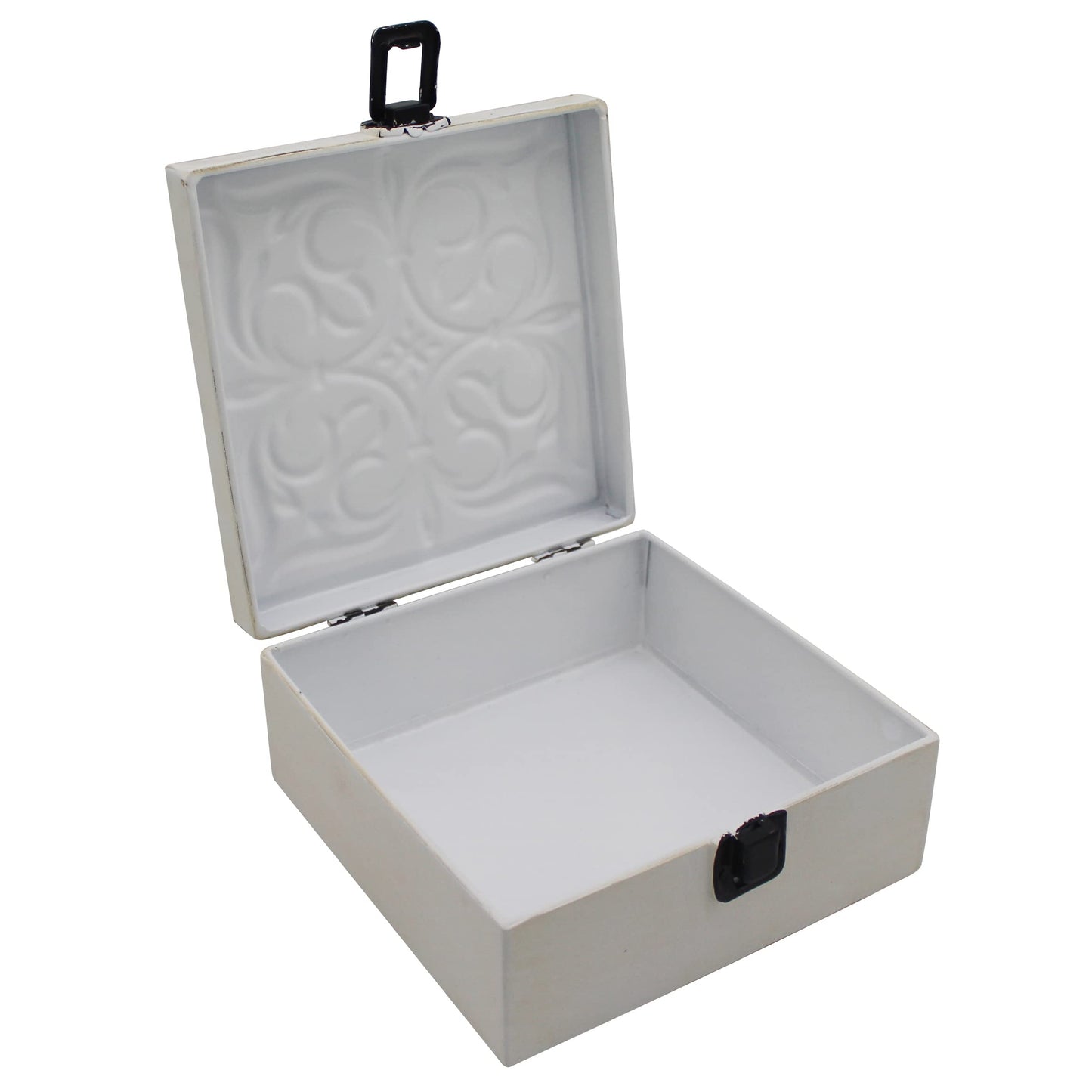 CVHOMEDECO. Rustic Metal Decorative Box Vintage Galvanized Storage Box with Lid and Hinged Square Stash Boxes for Photos, Jewelry, Keepsake and Gifts. Blue