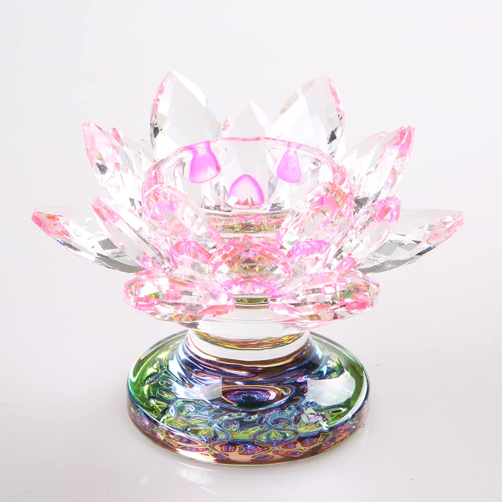 4.5 Inch Crystal Lotus Candle Candle Holder, Glass Candle Holder Lamp Holder Night Light Candle Holder for Altar Window Sill Multicolor