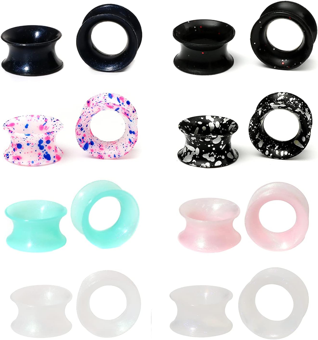 WBRWP 48/32/24/22/20/16/12pcs Ear Tunnels and Plugs - Double Flared Hollow Hard/Soft Silicone Ear Gauges - Ear Expander Stretcher Body Piercing Jewelry 8g-1"
