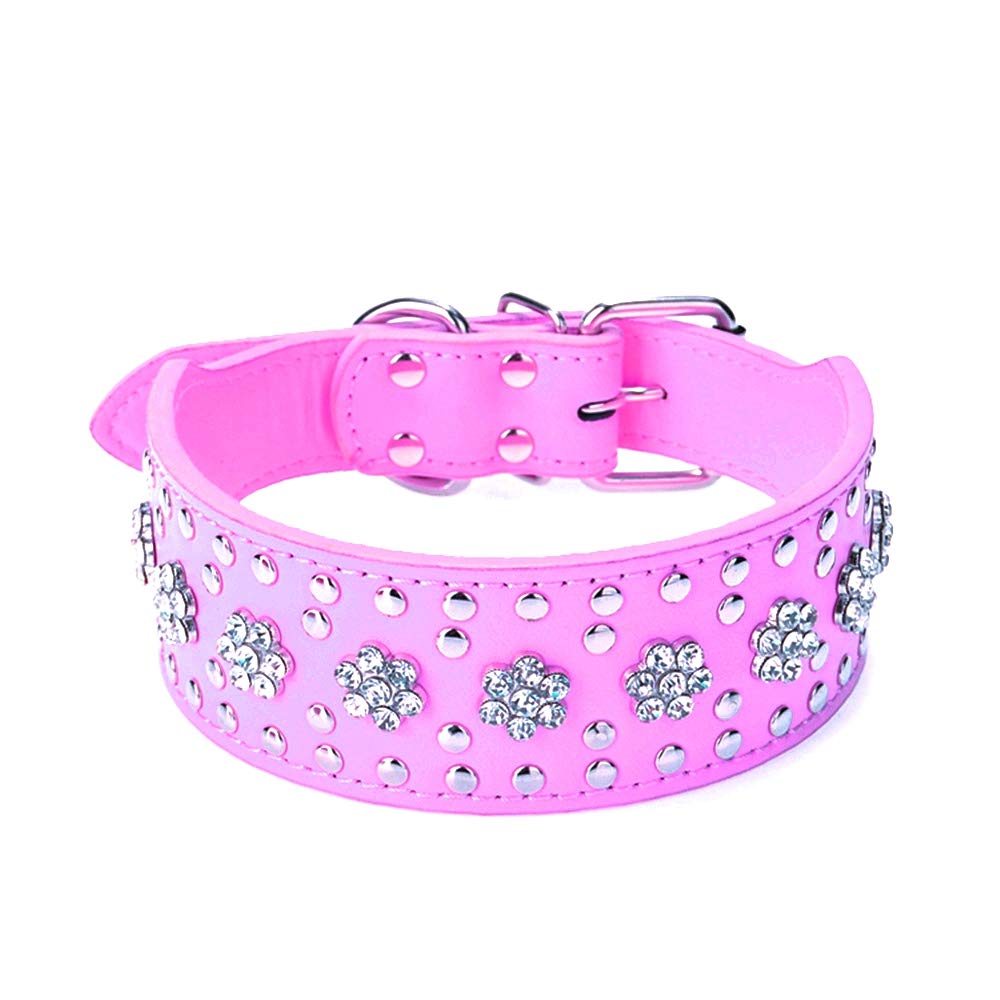 Rhinestones Dog Collars Flower Pattern Rhinestone Studded Leather Sparkly Crystal Diamonds Dazzling Elegant Fancy PU Leather Dog Collar for Medium & Large Dogs (M:17-20 inch, Purple)