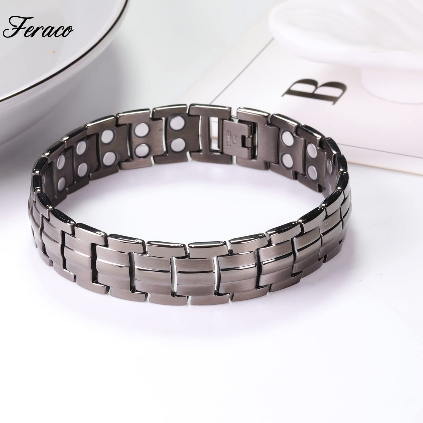 Feraco Magnetic Bracelet for Men Titanium Steel Magnetic Bracelet for Men with Double Row Magnets Adjustable (Black & Blue Line)
