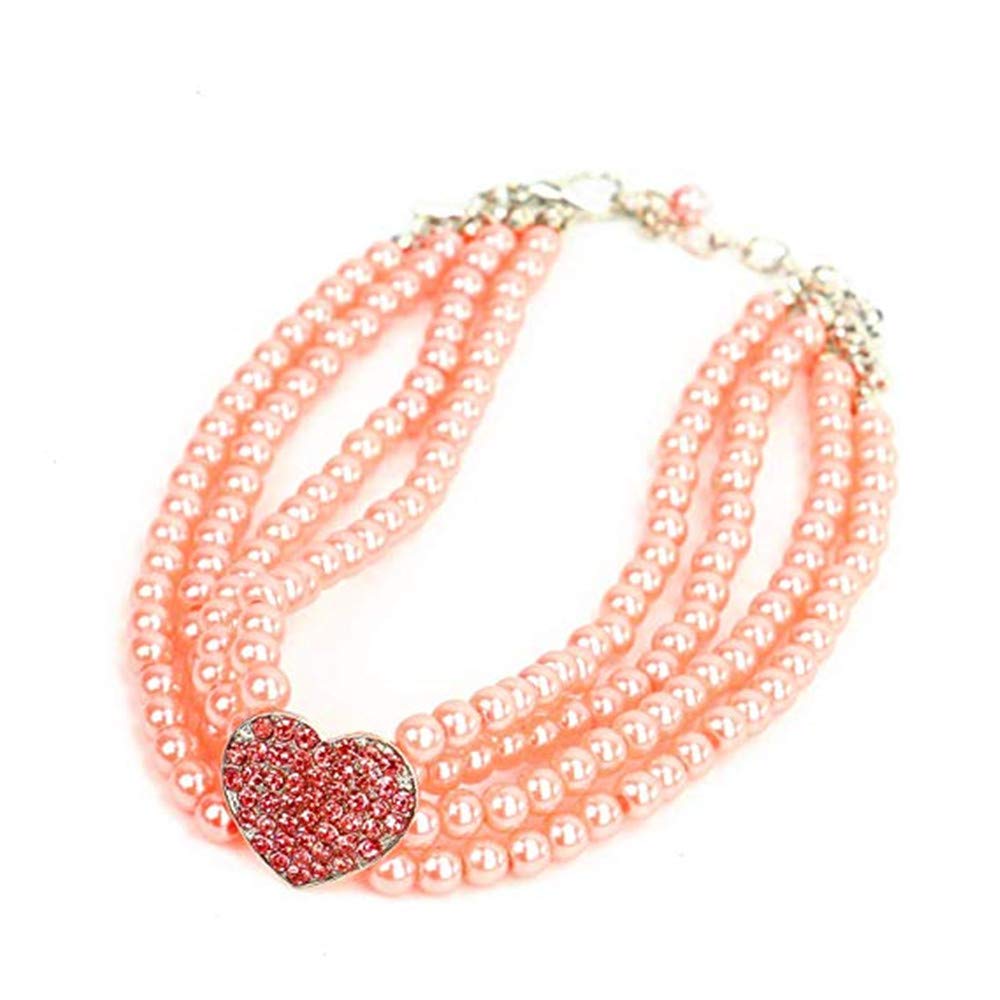 Dogs Kingdom 4 Rows Dog Cat Pearls Necklace Bling Rhinestone Heart Decor Collar Necklace Pet Puppy Jewelry Accessories,White,L:12-14" Neck