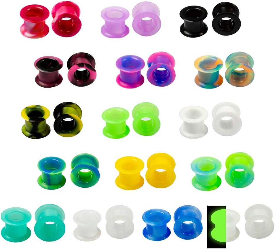WBRWP 48/32/24/22/20/16/12pcs Ear Tunnels and Plugs - Double Flared Hollow Hard/Soft Silicone Ear Gauges - Ear Expander Stretcher Body Piercing Jewelry 8g-1"
