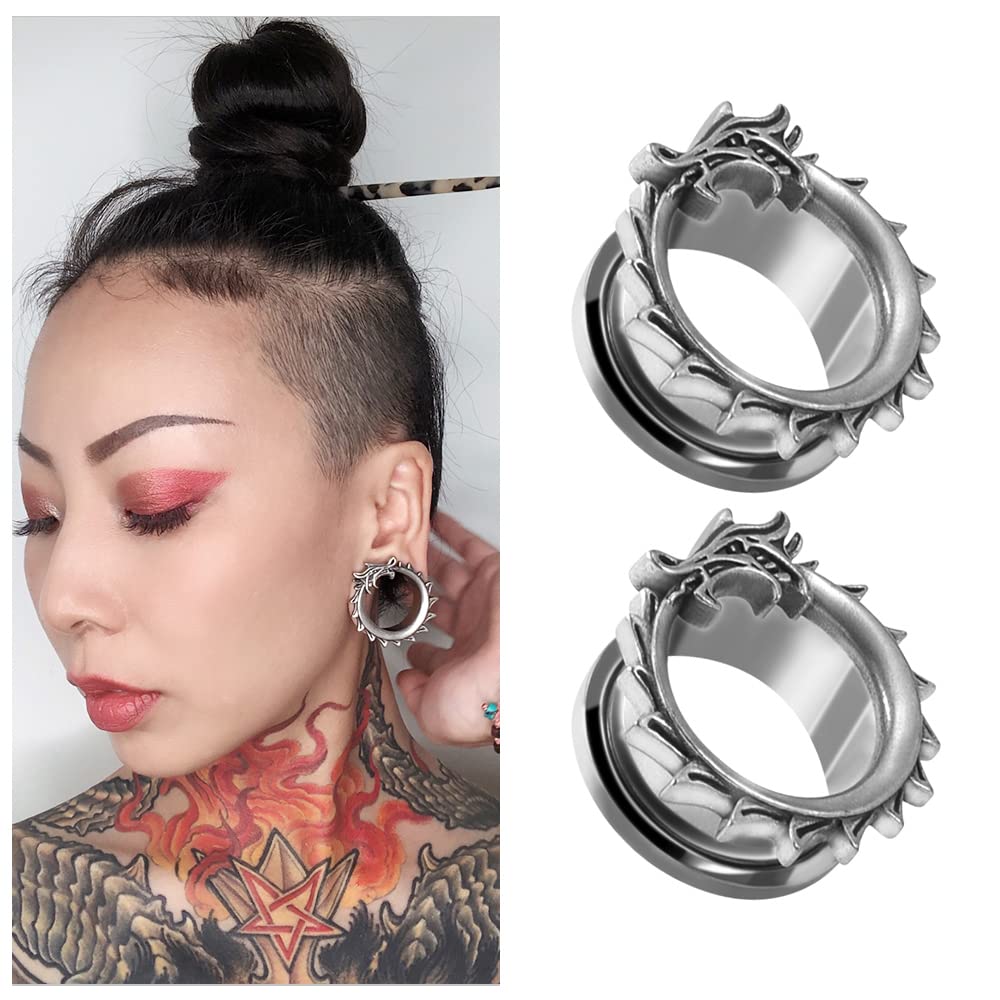 1 Pair Stainless Steel Ear Gauges Tunnels Ouroboros Snake Eat Tails Silver Vintage 2g-1 Inch Double Flare For Men For Women