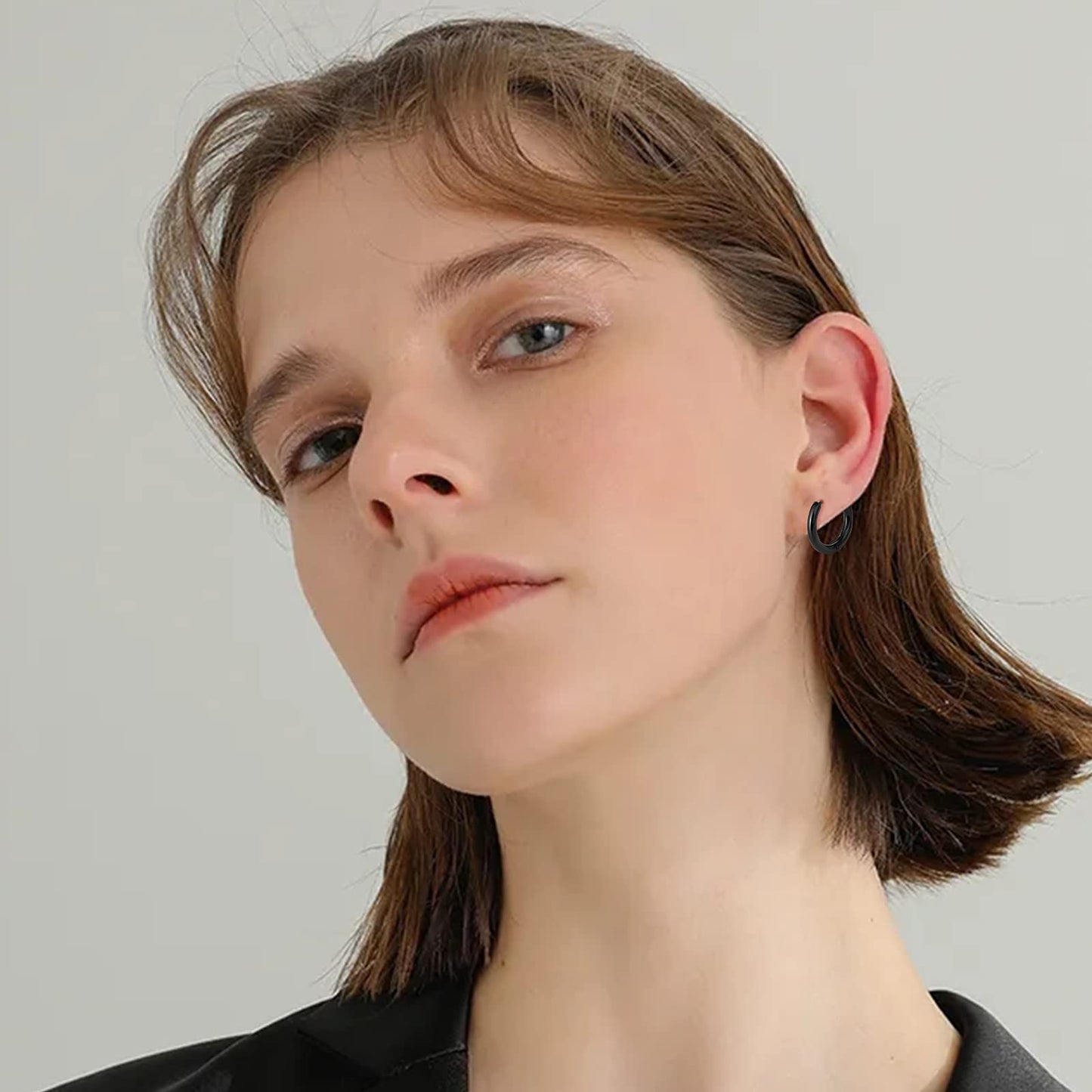 Black Stainless Steel Stud Earrings for Men Women Small Huggie Hoop Earrings Set for Men Cool Goth Punk Earrings Barbell Earrings Black Silver Hoop Cartilage Earring (Classic) (Black Tone)