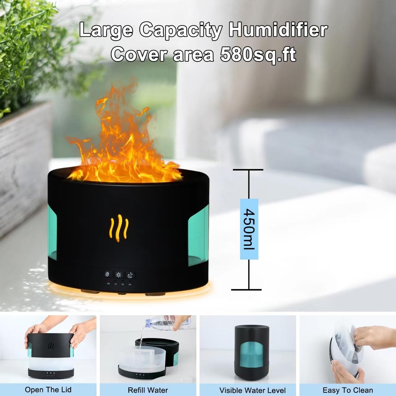 Oil Diffuser for Home Large Room,450ml Air Diffuser Humidifier with Bluetooth Speaker, White Noise and Remote, Flame Humidifier for Bedroom,Office, 7 Colors Diffuser Gifts