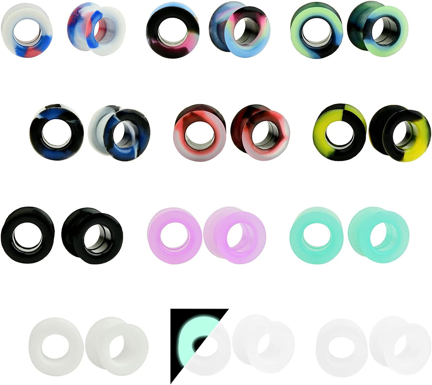 WBRWP 48/32/24/22/20/16/12pcs Ear Tunnels and Plugs - Double Flared Hollow Hard/Soft Silicone Ear Gauges - Ear Expander Stretcher Body Piercing Jewelry 8g-1"