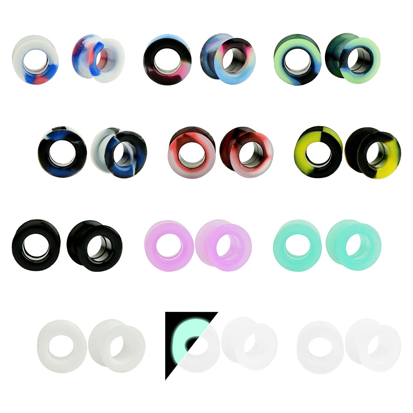 WBRWP 48/32/24/22/20/16/12pcs Ear Tunnels and Plugs - Double Flared Hollow Hard/Soft Silicone Ear Gauges - Ear Expander Stretcher Body Piercing Jewelry 8g-1"