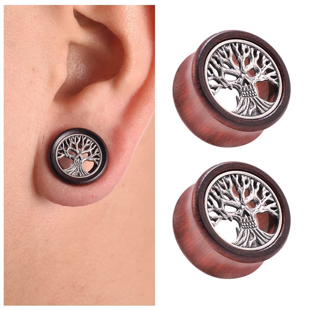 2PCS Organic Red Sandalwood Hollow Double Flared Ear Gauges Tunnels Expander Tree Of Life Jewelry For Man For Woman Body Piercing Jewelry 0g-1 inch.
