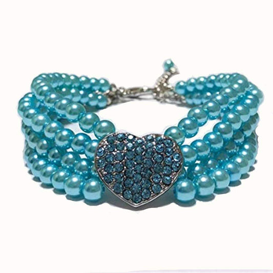 Dogs Kingdom 4 Rows Dog Cat Pearls Necklace Bling Rhinestone Heart Decor Collar Necklace Pet Puppy Jewelry Accessories,White,L:12-14" Neck