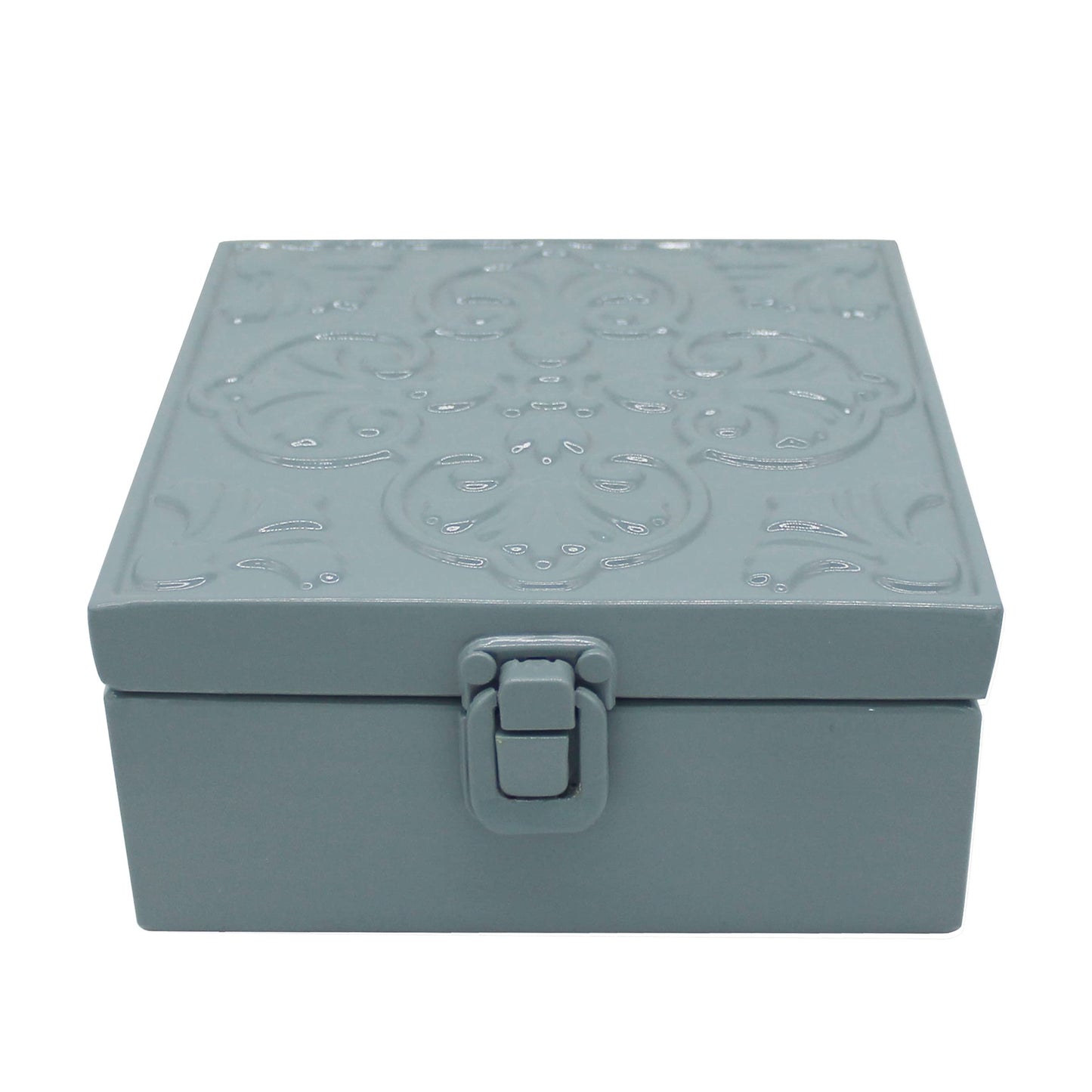 CVHOMEDECO. Rustic Metal Decorative Box Vintage Galvanized Storage Box with Lid and Hinged Square Stash Boxes for Photos, Jewelry, Keepsake and Gifts. Blue