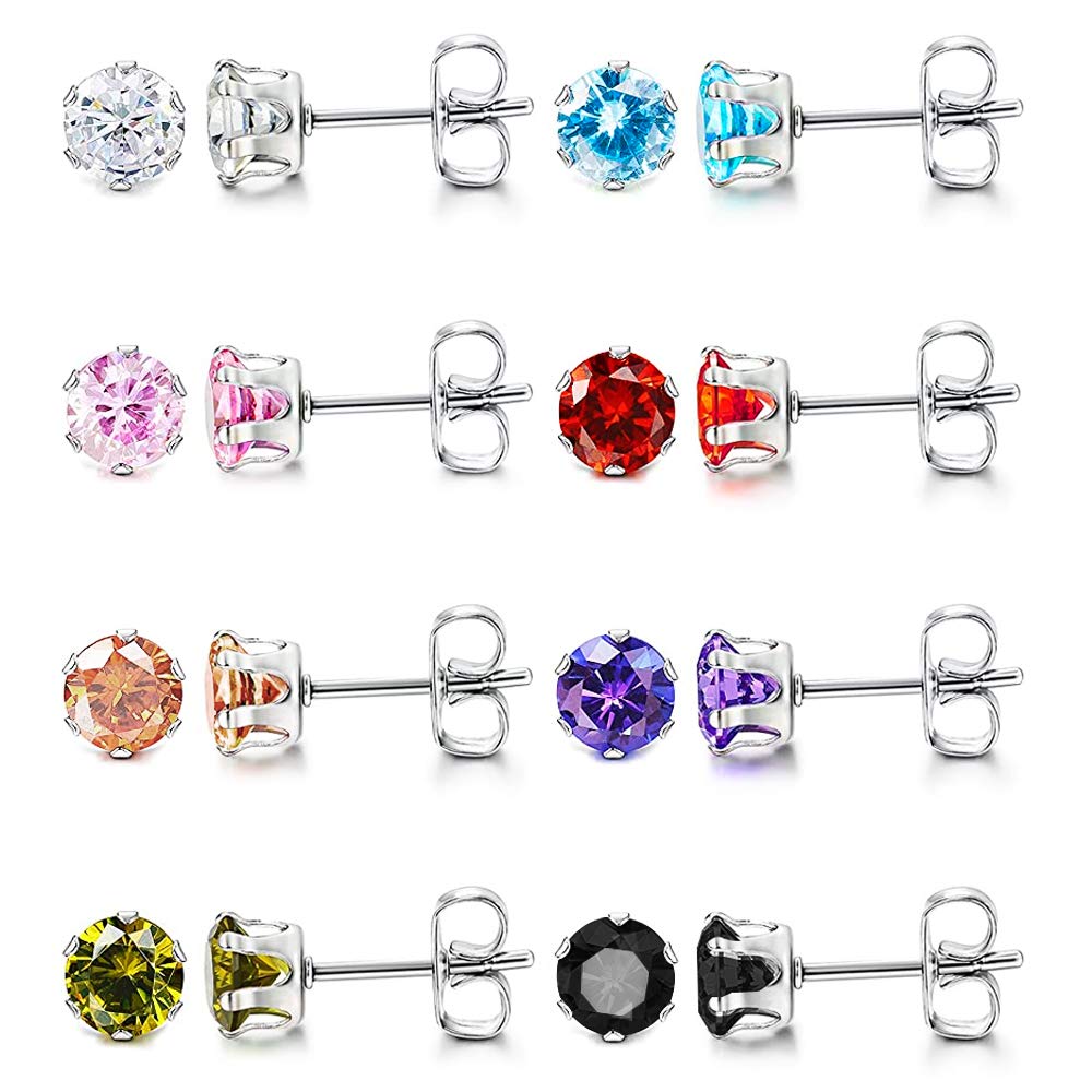 UHIBROS 6 Pairs Stainless Steel Stud Earrings Set Hypoallergenic Cubic Zirconia 14K White Gold 316L CZ Earrings