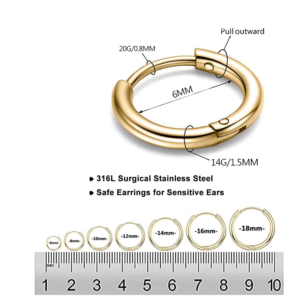316L Surgical Stainless Steel Huggie Hoop Earrings 6mm 8mm 10mm 11mm 12mm 14mm Hypoallergenic Earrings Hoop Cartilage Helix Lobes Hinged Sleeper Earrings For Men Women Girls