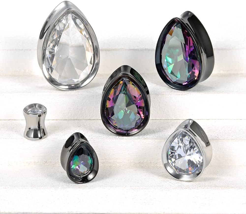 Surgical Steel Teardrop Zircon Double Flared Ear Tunnels and Plugs Stretcher Expander Sold As Pair Gauge 8mm-25mm