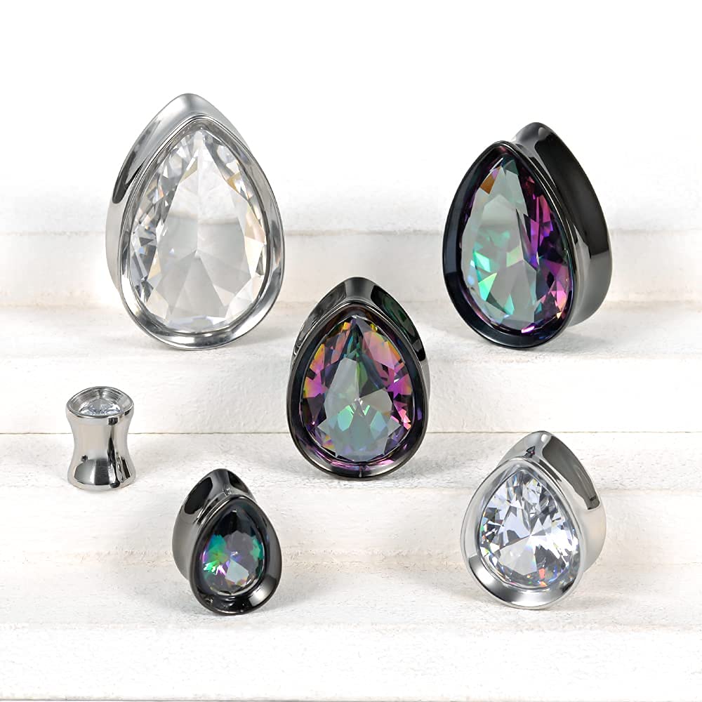 Surgical Steel Teardrop Zircon Double Flared Ear Tunnels and Plugs Stretcher Expander Sold As Pair Gauge 8mm-25mm