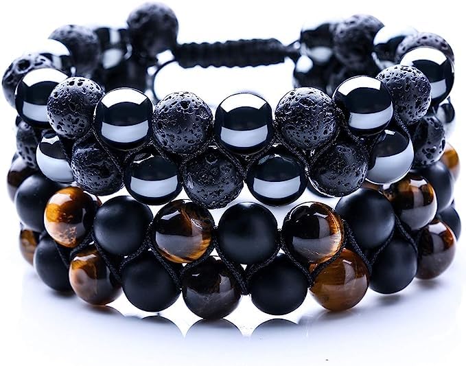 Black Obsidian Hematite Triple Protection Bracelet 10MM beads Set, Blue Tiger Eye Beads Bracelets, Lava Stone bracelets for Men Women