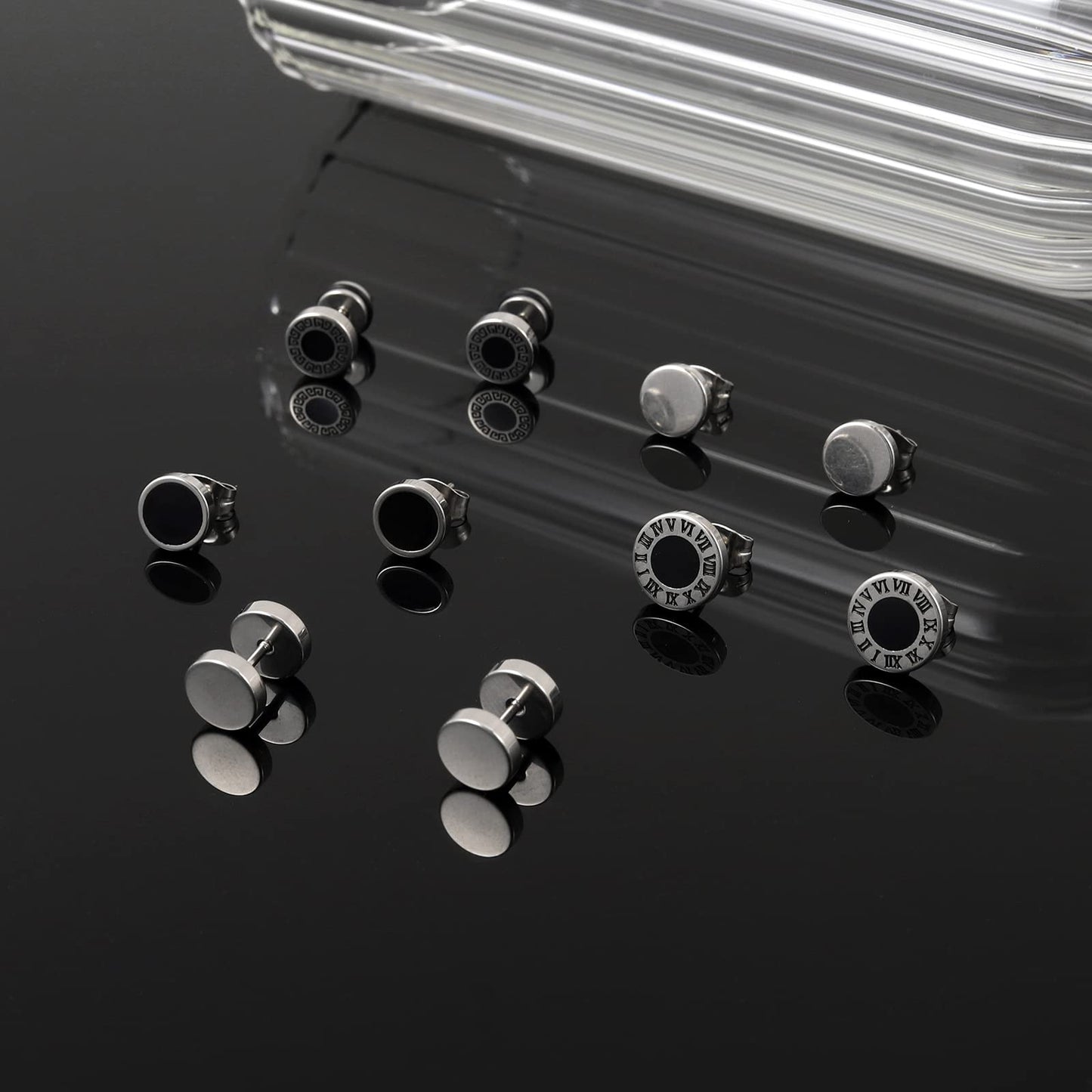 Black Stainless Steel Stud Earrings for Men Women Small Huggie Hoop Earrings Set for Men Cool Goth Punk Earrings Barbell Earrings Black Silver Hoop Cartilage Earring (Classic) (Black Tone)