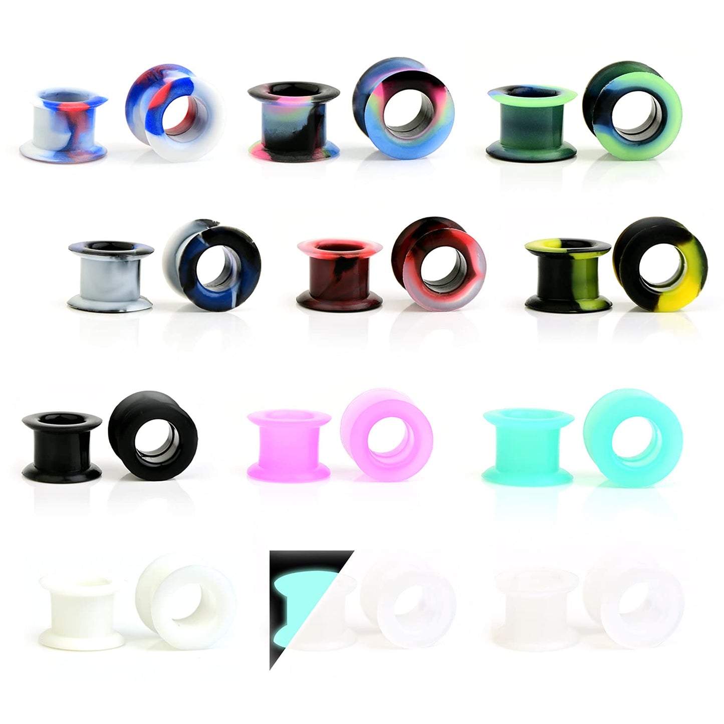 WBRWP 48/32/24/22/20/16/12pcs Ear Tunnels and Plugs - Double Flared Hollow Hard/Soft Silicone Ear Gauges - Ear Expander Stretcher Body Piercing Jewelry 8g-1"