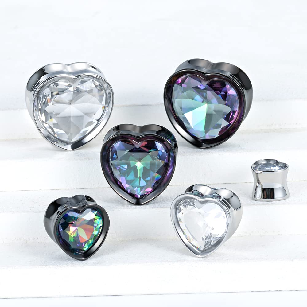Surgical Steel Heart-Shaped Zircon Double Flared Ear Tunnels And Plugs Stretcher Expander Sold As Pair Gauge 8mm-25mm