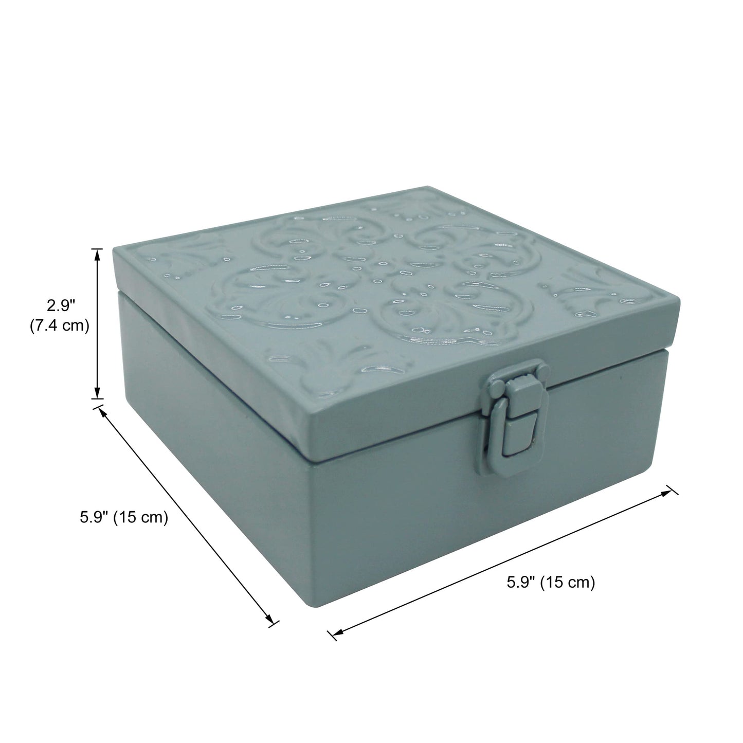 CVHOMEDECO. Rustic Metal Decorative Box Vintage Galvanized Storage Box with Lid and Hinged Square Stash Boxes for Photos, Jewelry, Keepsake and Gifts. Blue