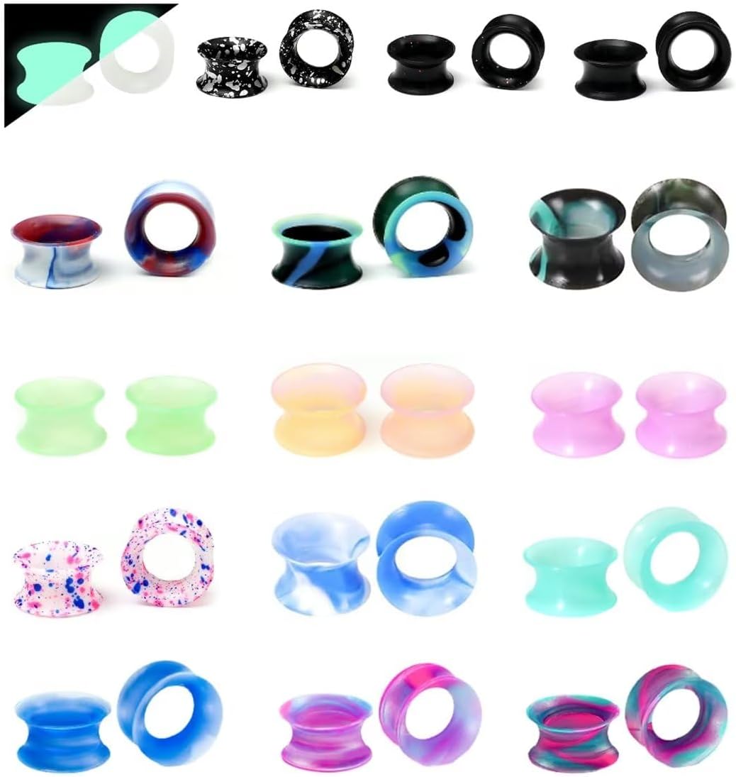 WBRWP 48/32/24/22/20/16/12pcs Ear Tunnels and Plugs - Double Flared Hollow Hard/Soft Silicone Ear Gauges - Ear Expander Stretcher Body Piercing Jewelry 8g-1"