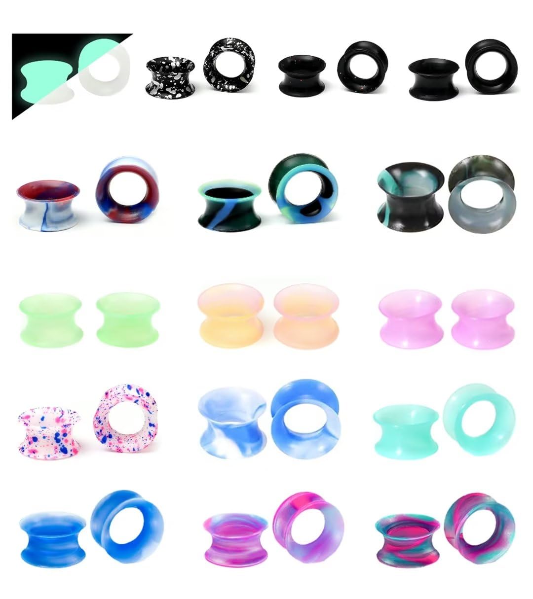WBRWP 48/32/24/22/20/16/12pcs Ear Tunnels and Plugs - Double Flared Hollow Hard/Soft Silicone Ear Gauges - Ear Expander Stretcher Body Piercing Jewelry 8g-1"