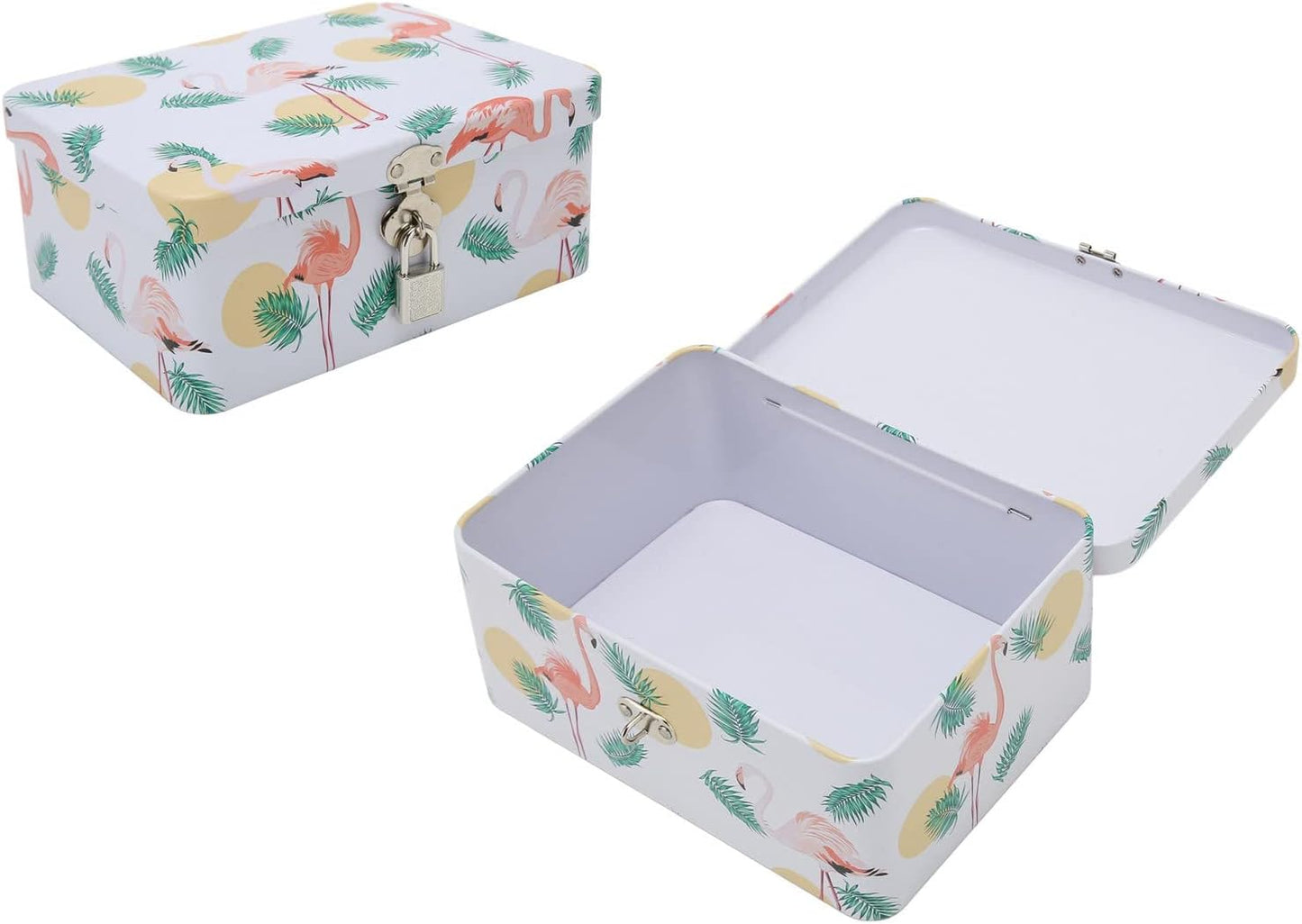 Retro Flamingo Leaves Tinplate Storage Box with Locks Keys Stash Box Lock Box Stash Box With Lock Stash Box Combos Multi-Purpose Rectangular Tin Box