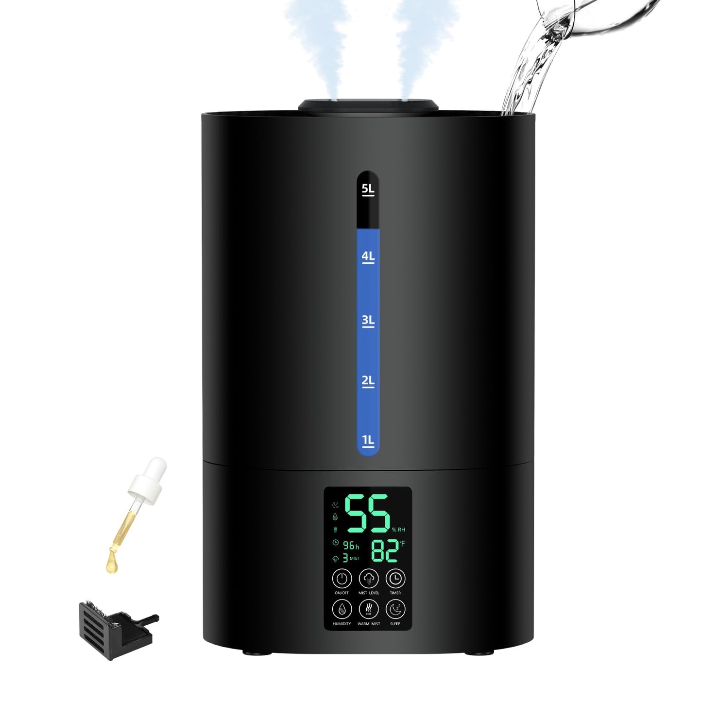 6L Humidifiers for Bedroom Large Room Home, Cool and Warm for Baby and Plants Mist Top Fill Desk Humidifiers Essential Oil Diffuser, Quiet with Adjustable Mist,360°Nozzle-Black