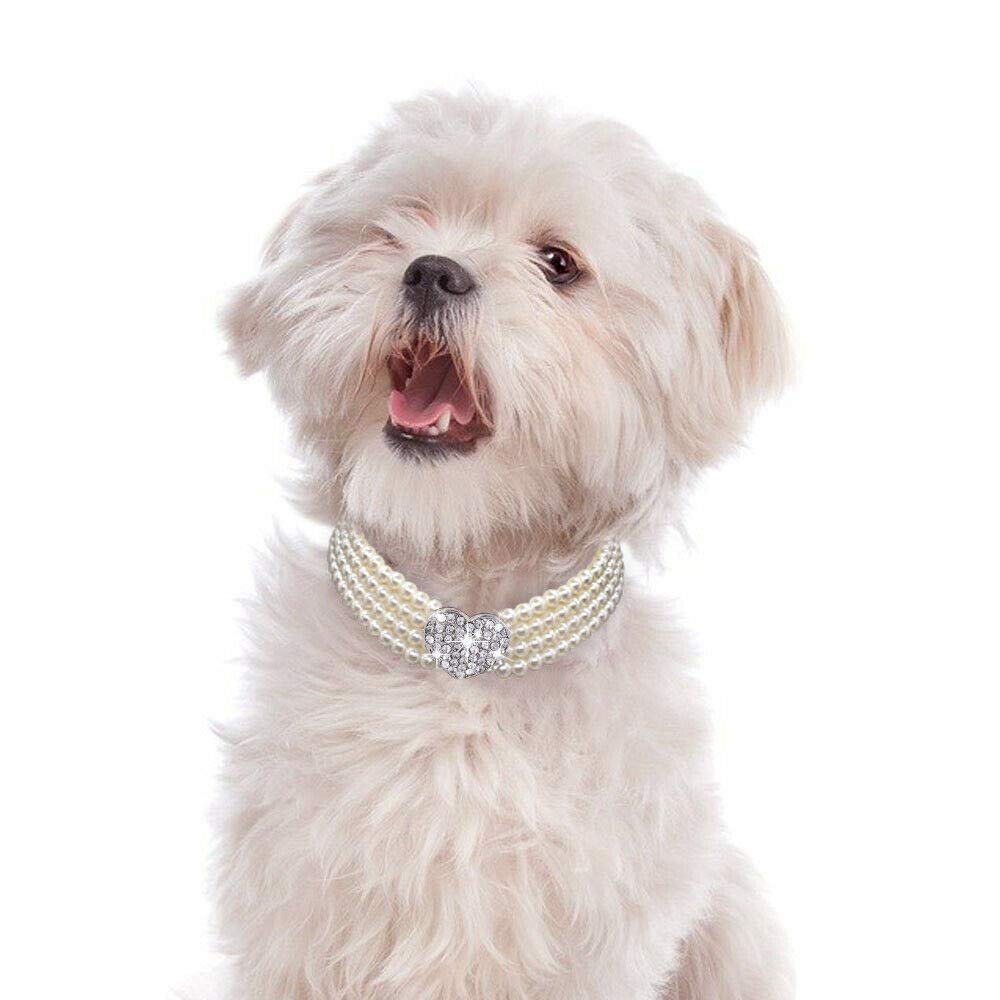 Dogs Kingdom 4 Rows Dog Cat Pearls Necklace Bling Rhinestone Heart Decor Collar Necklace Pet Puppy Jewelry Accessories,White,L:12-14" Neck