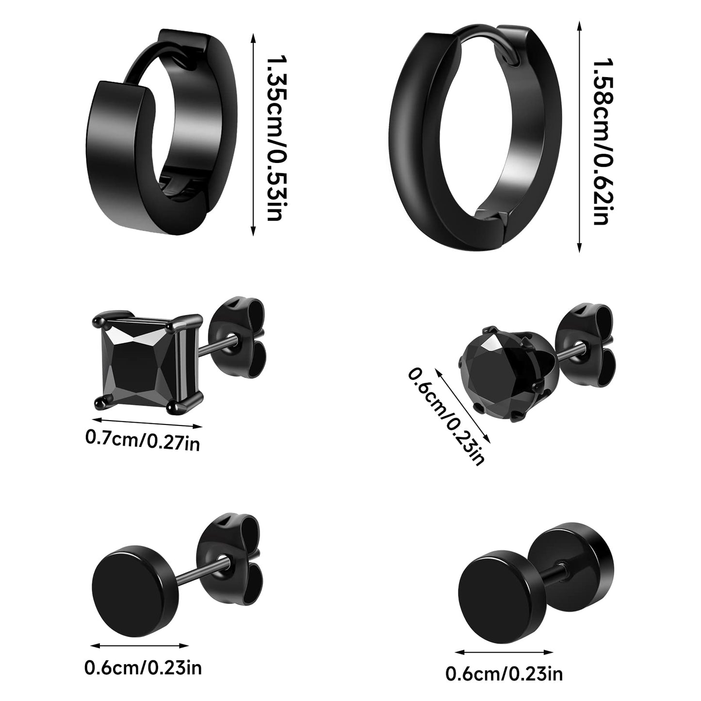 Black Stainless Steel Stud Earrings for Men Women Small Huggie Hoop Earrings Set for Men Cool Goth Punk Earrings Barbell Earrings Black Silver Hoop Cartilage Earring (Classic) (Black Tone)