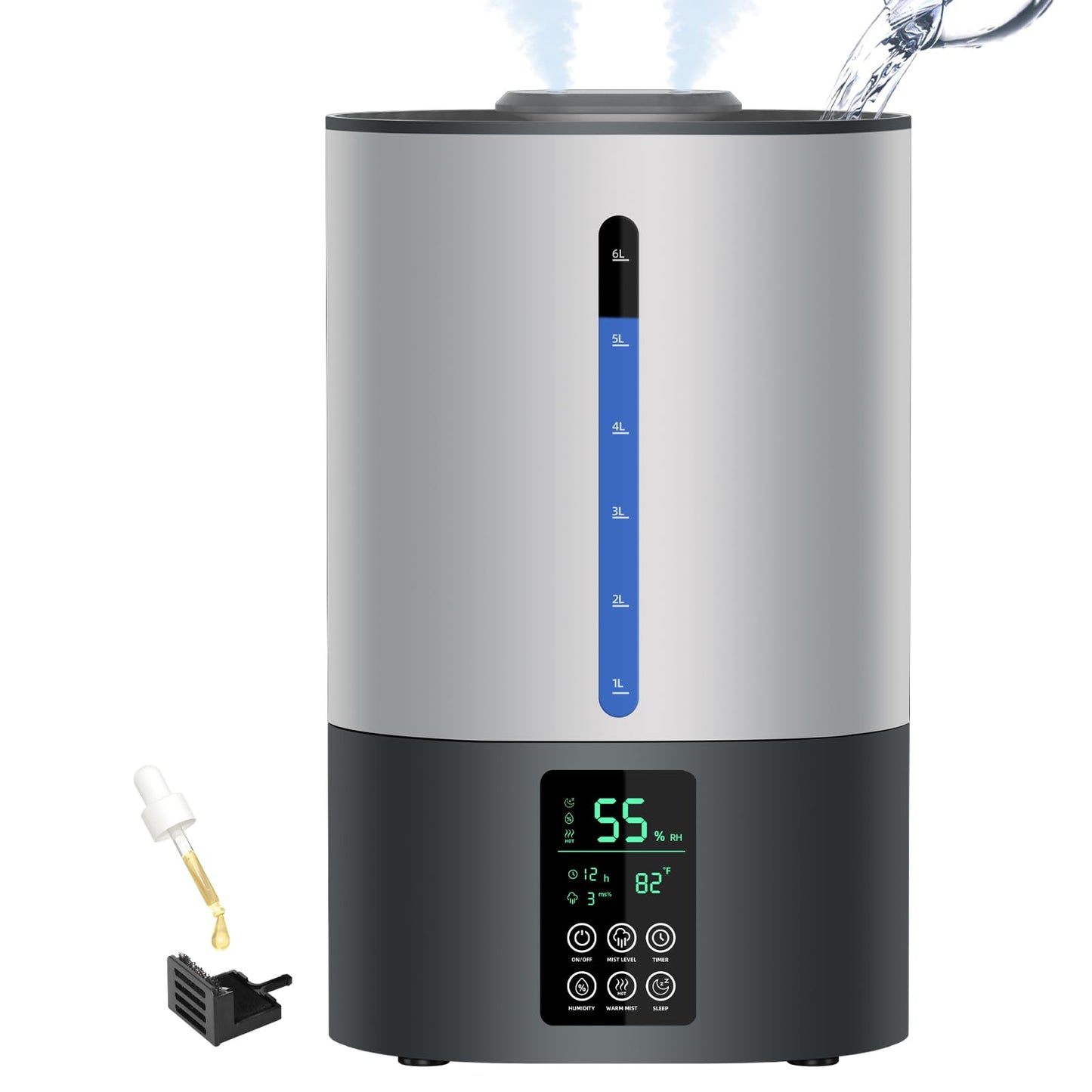 6L Humidifiers for Bedroom Large Room Home, Cool and Warm for Baby and Plants Mist Top Fill Desk Humidifiers Essential Oil Diffuser, Quiet with Adjustable Mist,360°Nozzle-Black