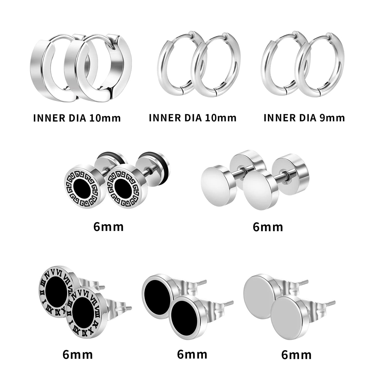 Black Stainless Steel Stud Earrings for Men Women Small Huggie Hoop Earrings Set for Men Cool Goth Punk Earrings Barbell Earrings Black Silver Hoop Cartilage Earring (Classic) (Black Tone)