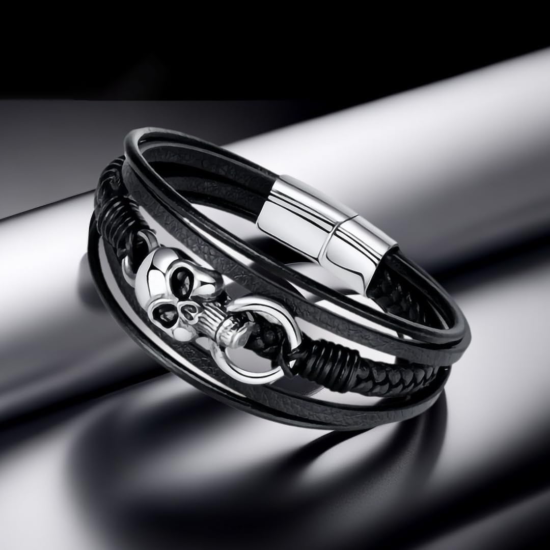 Mens Skull Bracelet Black Braided Leather Cuff Bangle Stainless Steel Punk Gifts for Men