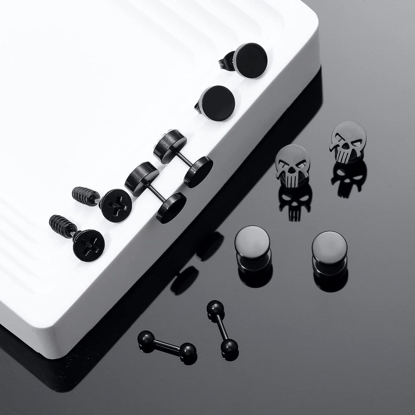 Black Stainless Steel Stud Earrings for Men Women Small Huggie Hoop Earrings Set for Men Cool Goth Punk Earrings Barbell Earrings Black Silver Hoop Cartilage Earring (Classic) (Black Tone)