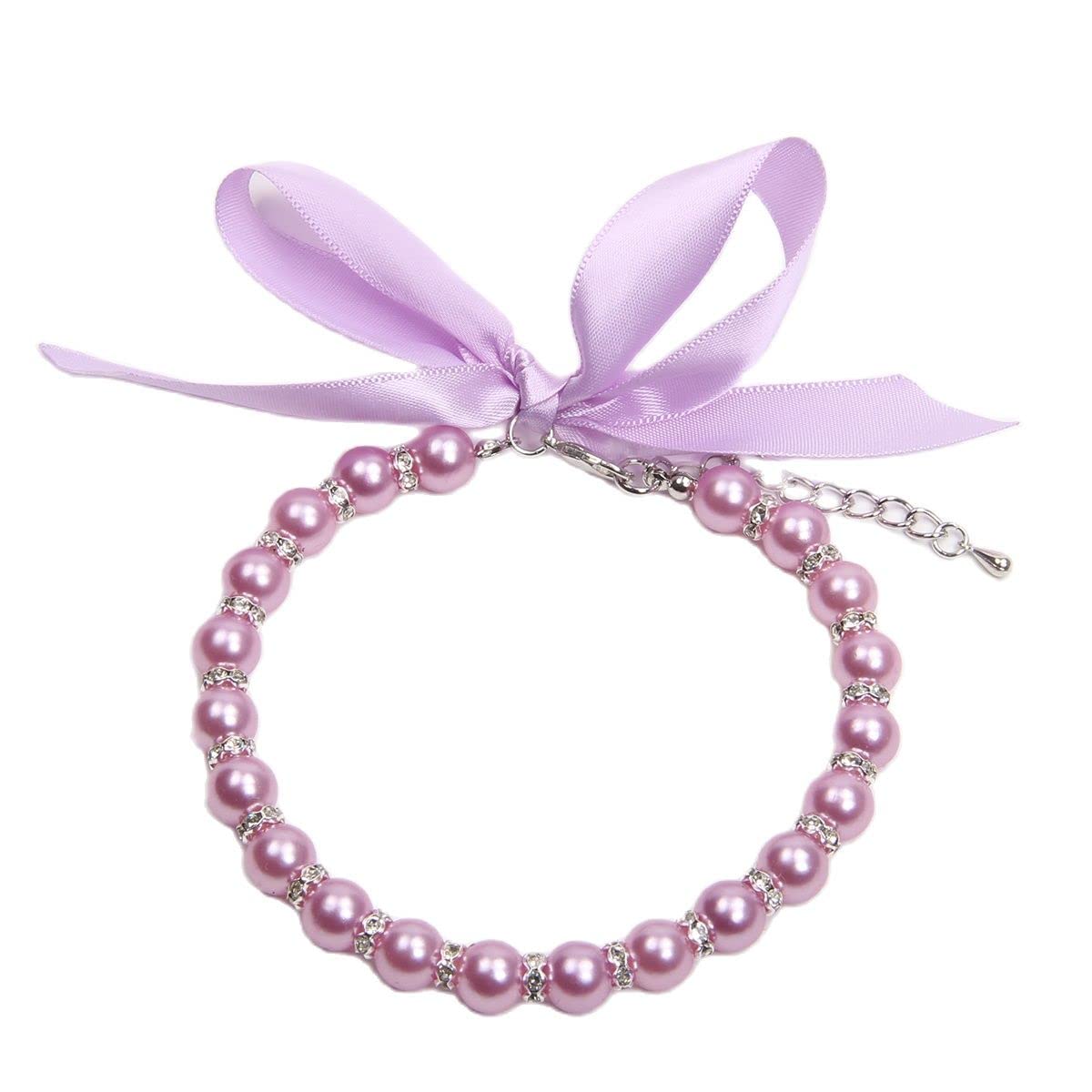 Dog Cat Pearls Necklace Collar with Bling Accessories and Ribbon Bow Pet Puppy Jewelry for Female Dogs Cats Small Medium (XL, Pink)