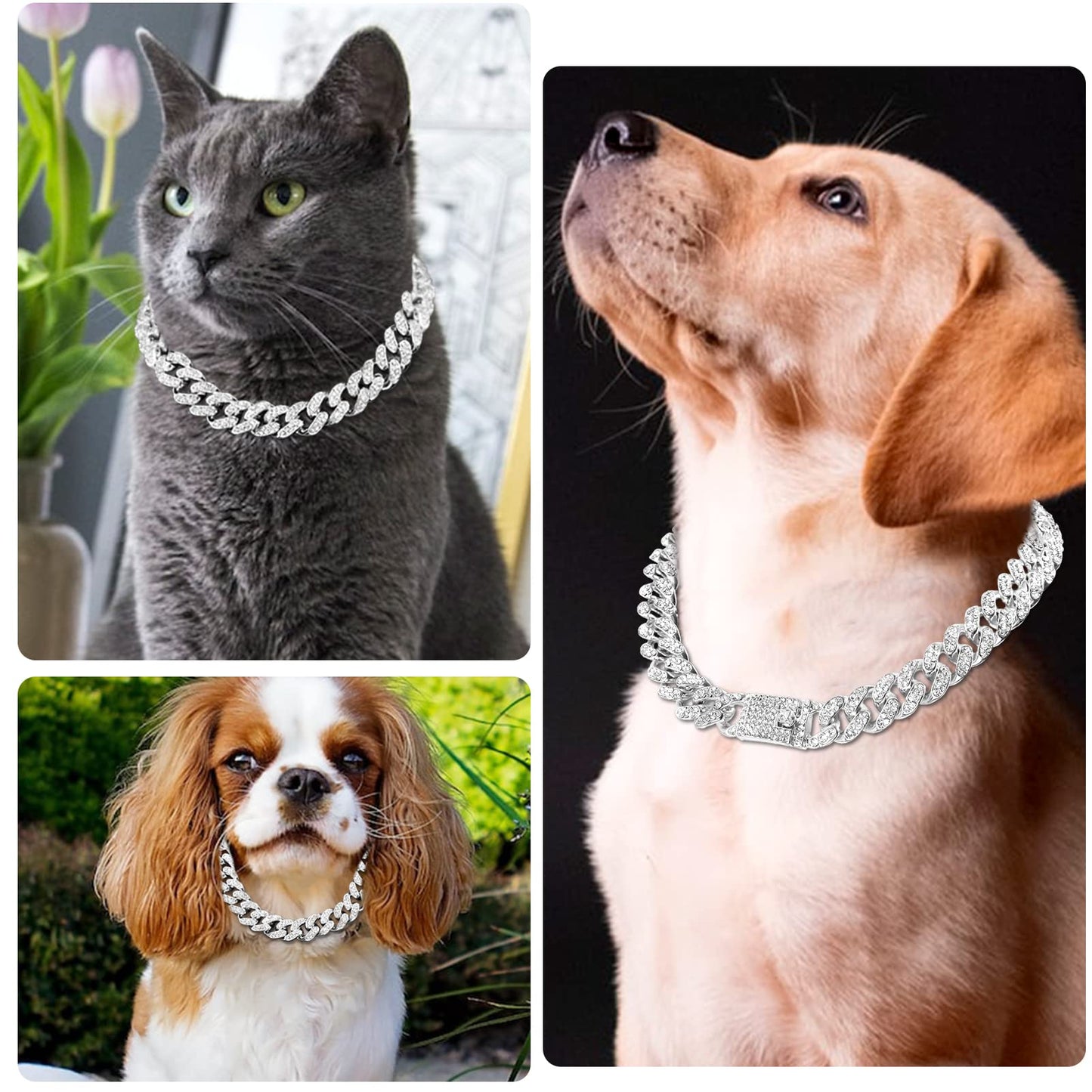 Cuban Link Dog Collar Gold Silver Color Metal Chain Diamond Pet Collars for Dogs Cats Jewelry 8/10/14/16/18/20/24/28 Inch (16inch, Gold)