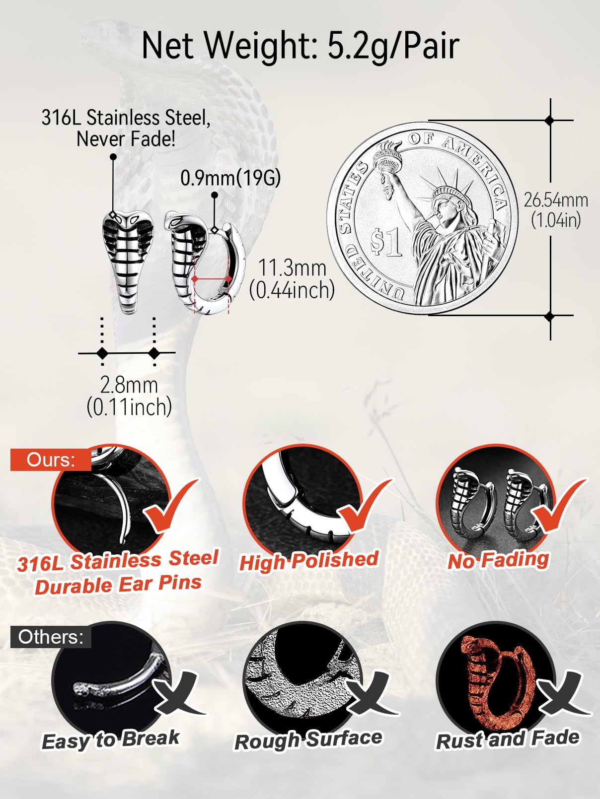 FaithHeart Dragon/Dinosaur/Snake Hoop Earrings for Men, Sturdy Stainless Steel Punk Biker Animals Hypoallergenic Jewelry, Gift Box