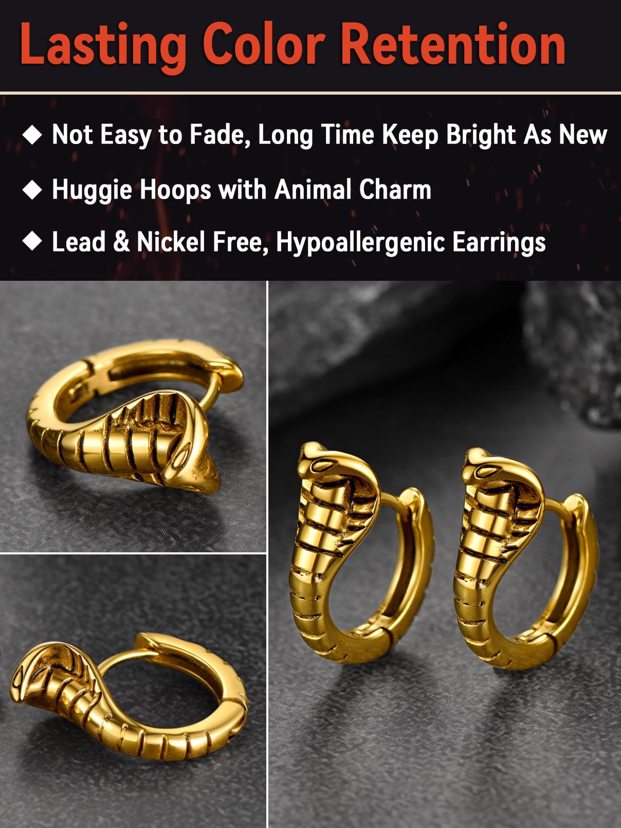 FaithHeart Dragon/Dinosaur/Snake Hoop Earrings for Men, Sturdy Stainless Steel Punk Biker Animals Hypoallergenic Jewelry, Gift Box