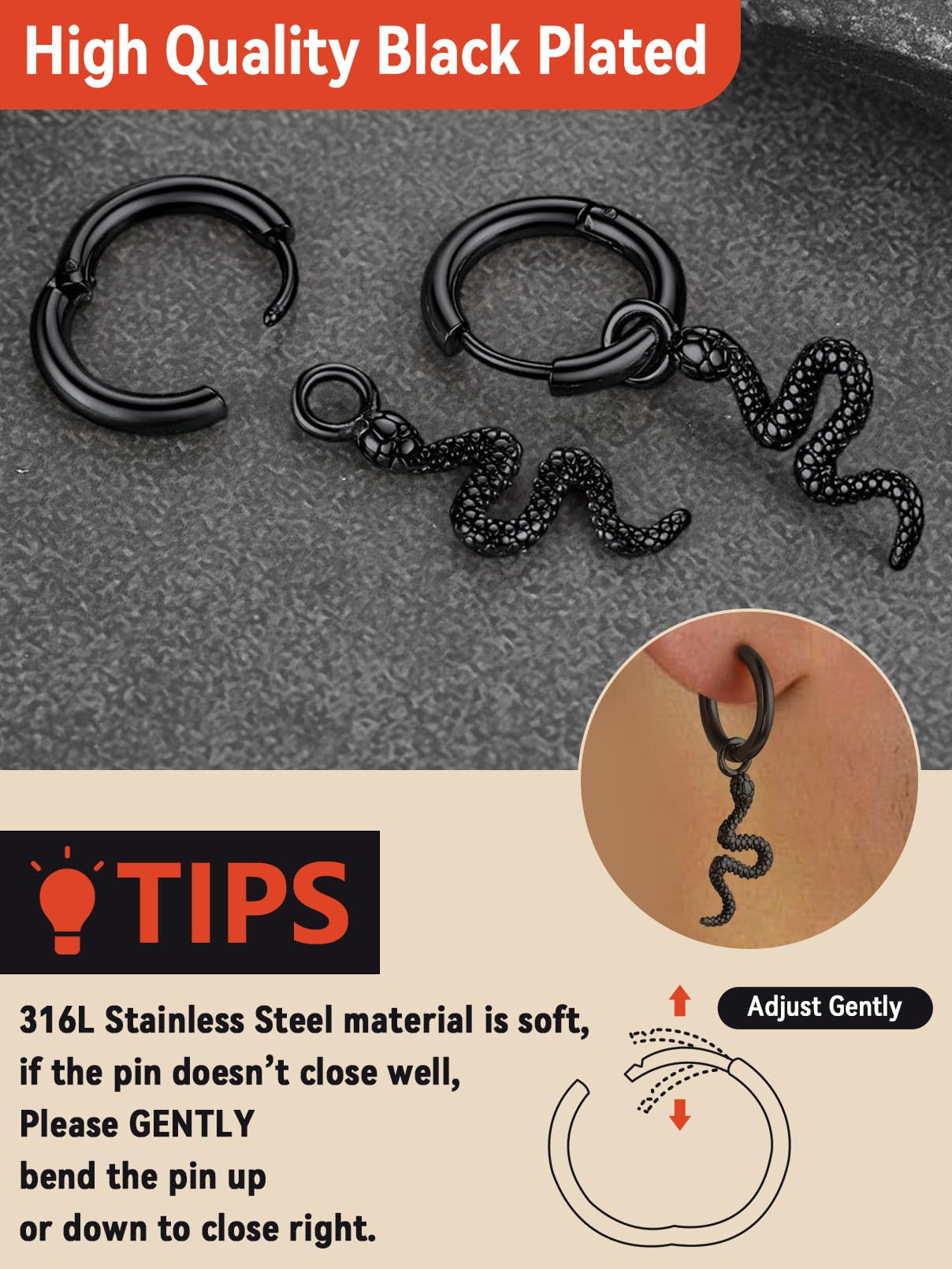 FaithHeart Dragon/Dinosaur/Snake Hoop Earrings for Men, Sturdy Stainless Steel Punk Biker Animals Hypoallergenic Jewelry, Gift Box