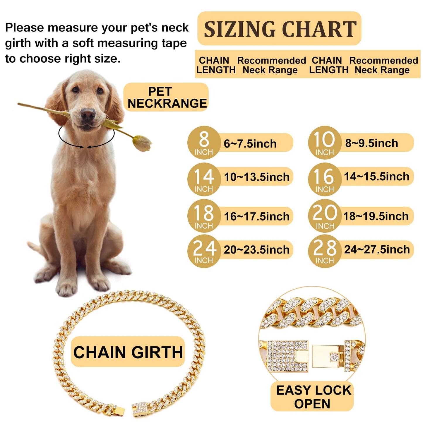 Cuban Link Dog Collar Gold Silver Color Metal Chain Diamond Pet Collars for Dogs Cats Jewelry 8/10/14/16/18/20/24/28 Inch (16inch, Gold)
