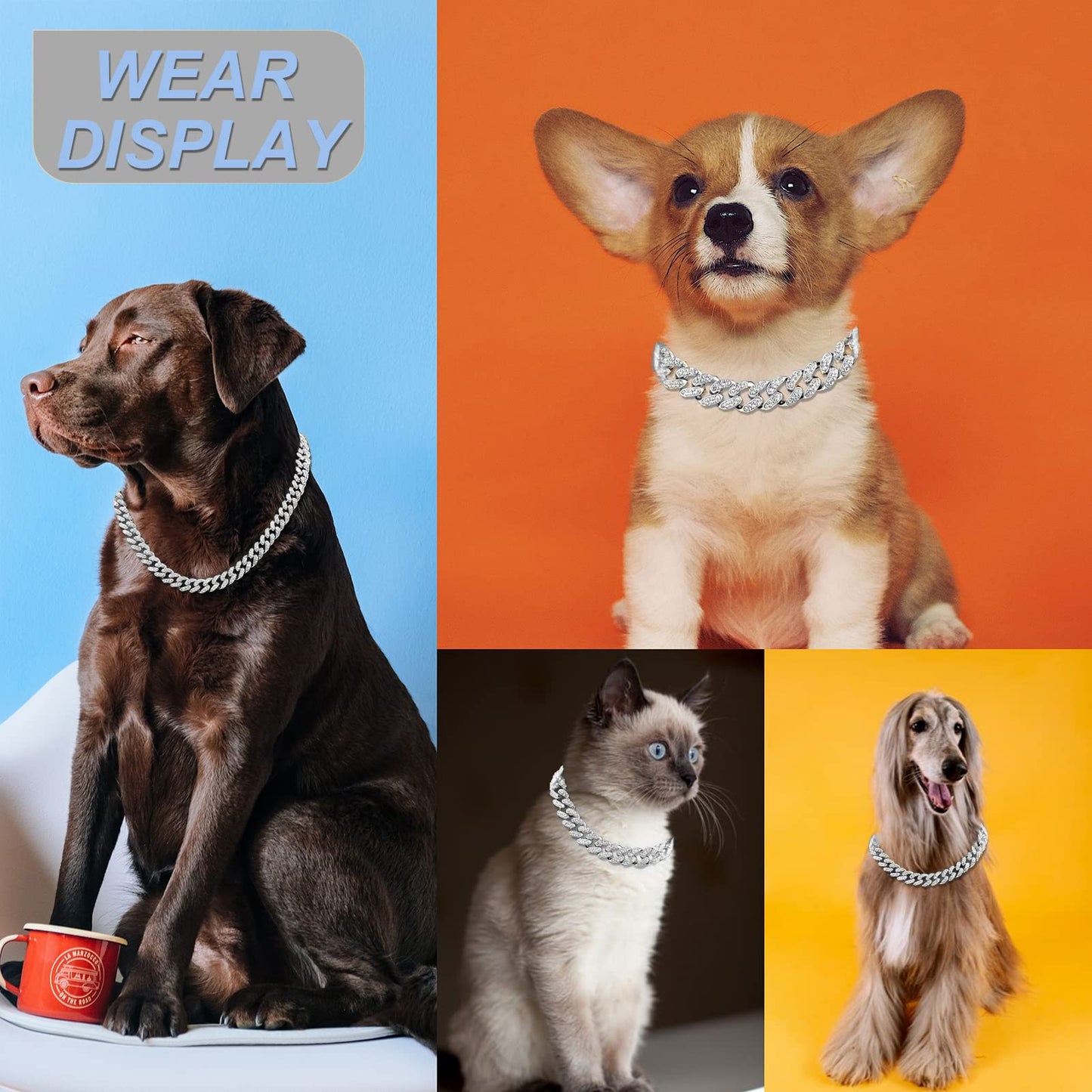 Cuban Link Dog Collar Gold Silver Color Metal Chain Diamond Pet Collars for Dogs Cats Jewelry 8/10/14/16/18/20/24/28 Inch (16inch, Gold)