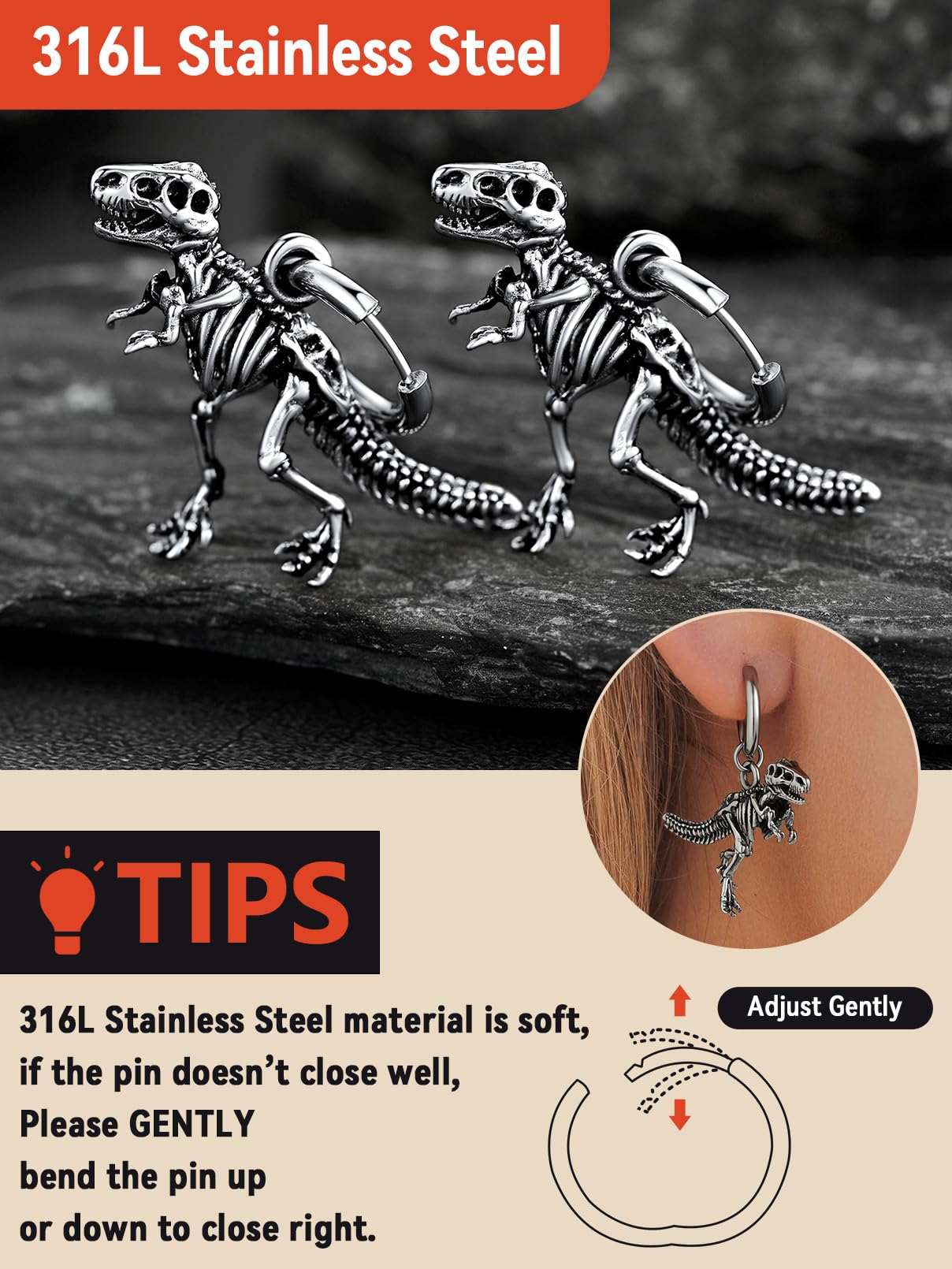 FaithHeart Dragon/Dinosaur/Snake Hoop Earrings for Men, Sturdy Stainless Steel Punk Biker Animals Hypoallergenic Jewelry, Gift Box