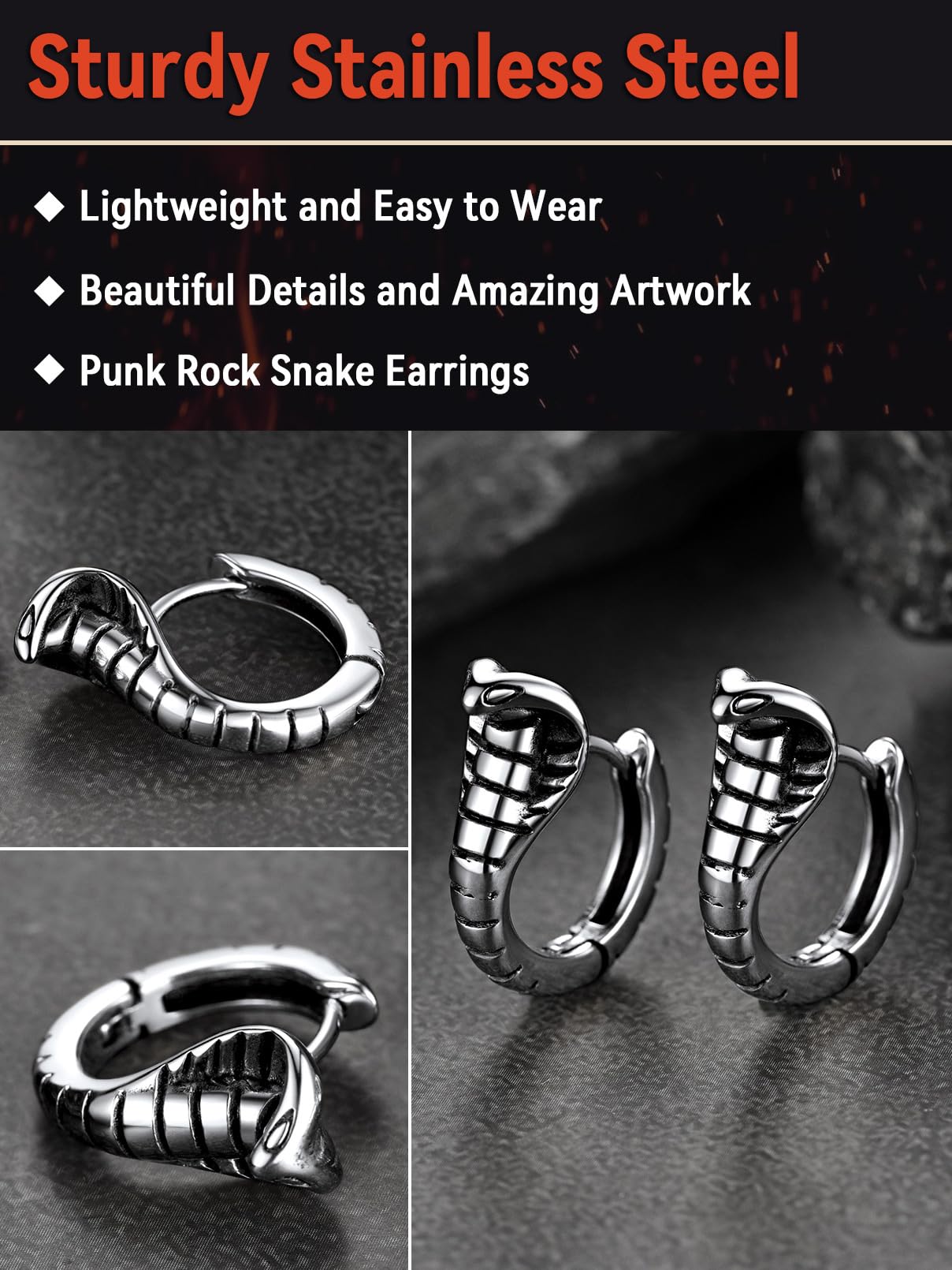FaithHeart Dragon/Dinosaur/Snake Hoop Earrings for Men, Sturdy Stainless Steel Punk Biker Animals Hypoallergenic Jewelry, Gift Box