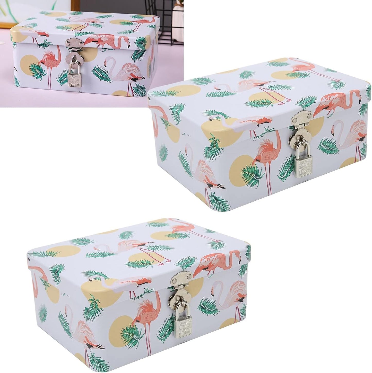 Retro Flamingo Leaves Tinplate Storage Box with Locks Keys Stash Box Lock Box Stash Box With Lock Stash Box Combos Multi-Purpose Rectangular Tin Box