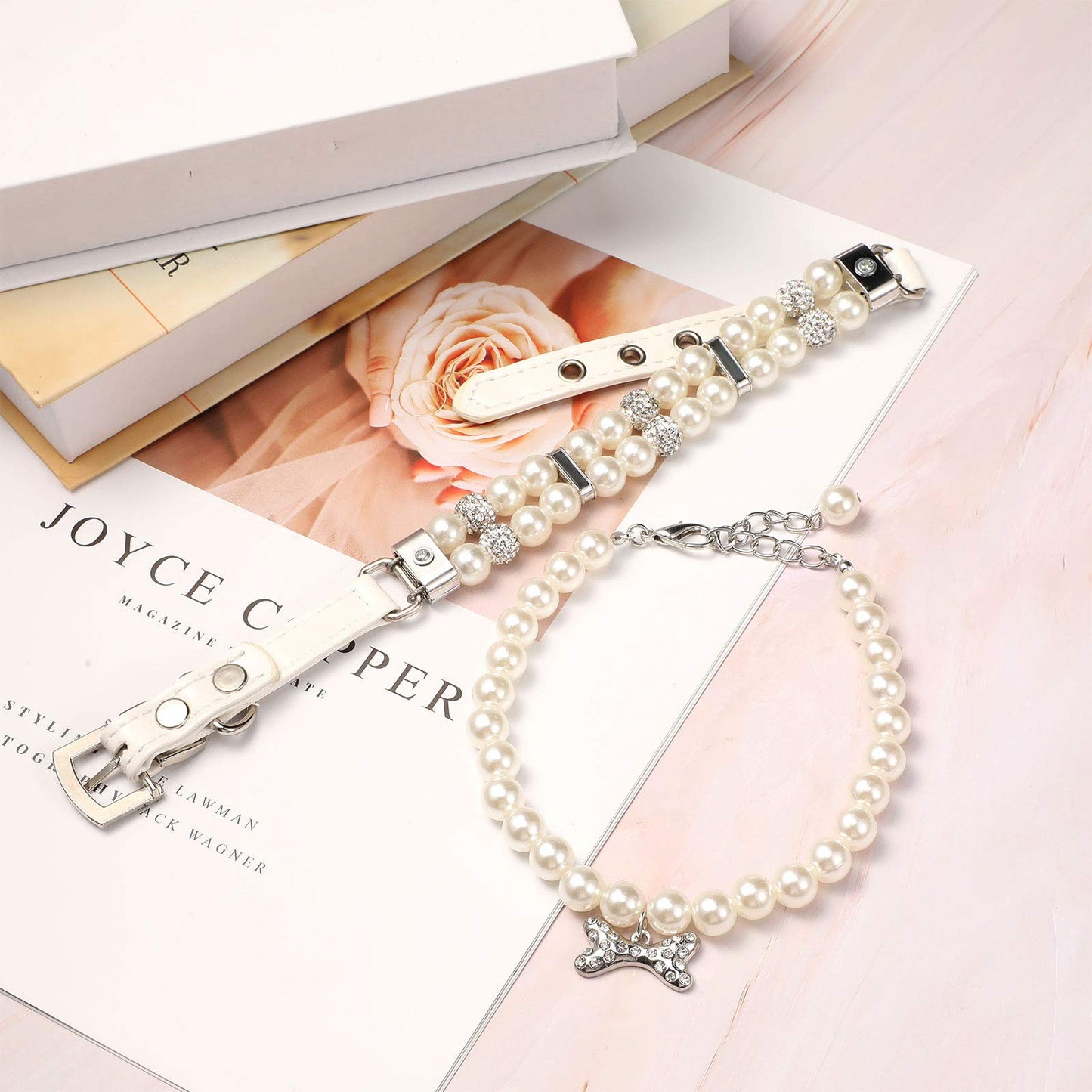 Hicarer 2 Pieces Small Dog Cat Pearl Collars and PET Pearl Necklace Set Cute Fashion PET Pu Leather Collars Necklace with Crystal Rhinestone for Dogs Cats Puppy Kitten Wedding Birthday Party (S)