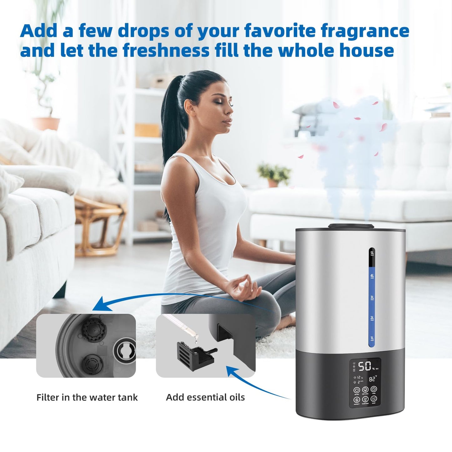 6L Humidifiers for Bedroom Large Room Home, Cool and Warm for Baby and Plants Mist Top Fill Desk Humidifiers Essential Oil Diffuser, Quiet with Adjustable Mist,360°Nozzle-Black